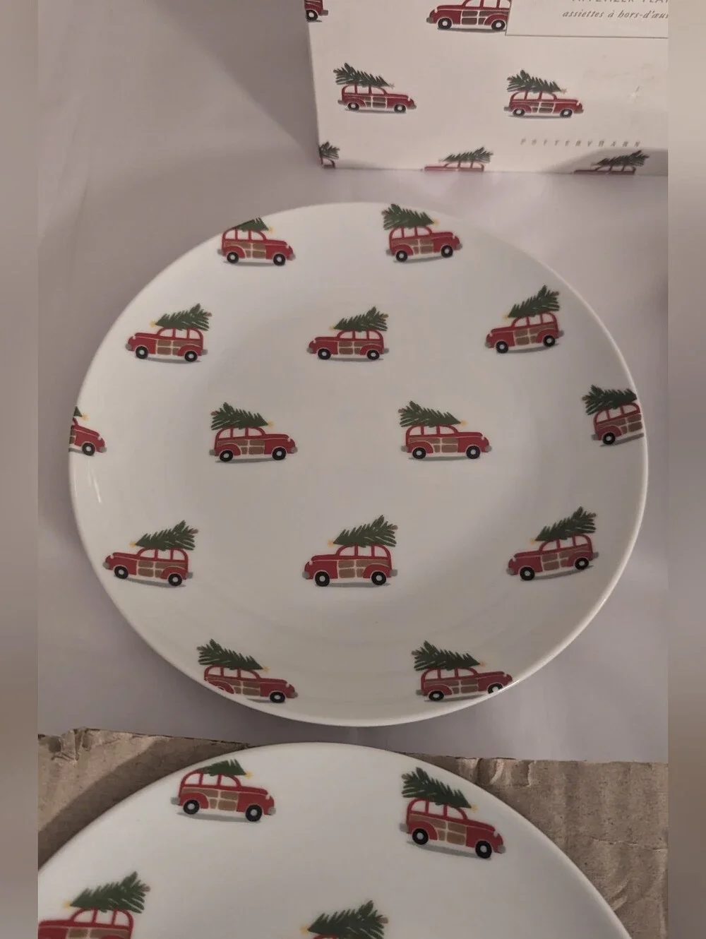 Pottery Barn Woody Car with tree on top Appetizer Plates 7